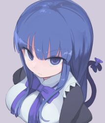 Rule 34 | 1girl, blue bow, blue bowtie, blue eyes, blue hair, blunt bangs, bow, bowtie, breasts, cat tail, closed mouth, expressionless, frederica bernkastel, highres, large breasts, lolita fashion, long hair, looking up, sidelocks, simple background, solo, tail, umineko no naku koro ni, upper body, usuaji, witch