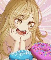 1girl blonde_hair blush commentary_request doughnut fang food hands_on_own_cheeks hands_on_own_face heart heart-shaped_pupils long_hair makadamin32 monogatari_(series) open_mouth oshino_shinobu pointy_ears saliva solo sprinkles symbol-shaped_pupils yellow_eyes