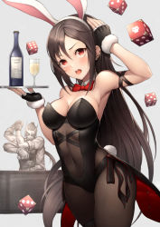 Rule 34 | 1boy, 1girl, animal ears, bare shoulders, black gloves, black leotard, blush, bottle, bow, bowtie, breasts, brown hair, centaur, cleavage, covered navel, cup, detached collar, dice, drinking glass, ear piercing, fake animal ears, fate/grand order, fate (series), fingerless gloves, gloves, kyoeiki, leotard, long hair, looking at viewer, medium breasts, open mouth, pantyhose, piercing, playboy bunny, rabbit ears, rabbit tail, red eyes, tail, taur, thighs, tray, very long hair, wine bottle, wrist cuffs, xiang yu (fate), yu mei-ren (fate)