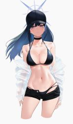 Rule 34 | 1girl, baseball cap, bikini, black hair, black hat, blue archive, blue eyes, breasts, choker, cleavage, duplicate, halo, hat, highres, kazane-wind, large breasts, long hair, looking at viewer, midriff, navel, saori (blue archive), see-through, see-through sleeves, short shorts, shorts, simple background, solo, swimsuit, white background