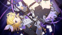 Rule 34 | 1girl, :q, ace (playing card), ace of clubs, ace of hearts, black jacket, black thighhighs, blonde hair, blue eyes, bow, cane, card, club (shape), commentary request, confetti, diamond (shape), gloves, hair bow, heart, highres, holding, holding cane, jacket, kagamine rin, long sleeves, looking at viewer, playing card, purple background, purple ribbon, ribbon, shirt, short hair, showtime ruler (vocaloid), sidelocks, single thighhigh, six of diamonds, sleeve cuffs, solo, spade (shape), sparkle hair ornament, spotlight, striped clothes, striped thighhighs, thigh strap, thighhighs, three of clubs, tongue, tongue out, two of hearts, vocaloid, white bow, white gloves, white shirt, yagita (astronomie)