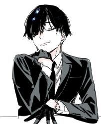 Rule 34 | 1boy, black gloves, black hair, black jacket, black necktie, character request, closed eyes, closed mouth, collared shirt, copyright request, earrings, gloves, hagiwara daisuke, hand up, jacket, jewelry, long sleeves, male focus, necktie, shirt, short hair, solo, upper body, white background, white shirt