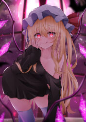 Rule 34 | 1girl, :q, absurdres, alternate hair length, alternate hairstyle, arm support, bent over, black shirt, blonde hair, blurry, blurry background, blurry foreground, blush, breasts, cleavage, collarbone, commentary request, crystal, ekidona, flandre scarlet, full moon, grey thighhighs, hair between eyes, hand on own cheek, hand on own face, hat, hat ribbon, highres, kneeling, leaning forward, long hair, looking at viewer, medium breasts, mob cap, moon, no pants, off-shoulder shirt, off shoulder, one side up, petite, pink moon, raised eyebrows, red eyes, red ribbon, ribbon, shirt, skindentation, solo, thighhighs, tongue, tongue out, touhou, very long hair, white hat, window, wings