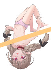 Rule 34 | 1girl, :o, bare legs, barefoot, black ribbon, blush, braid, censored, collar, collarbone, falling, flat chest, full body, grey hair, hair ribbon, highres, long hair, makaino ririmu, navel, nijisanji, open mouth, panties, pink panties, pointy ears, red collar, red eyes, ribbon, sabamen, simple background, solo, topless, twin braids, twintails, underwear, underwear only, upside-down, virtual youtuber, white background