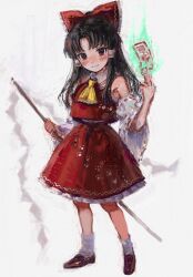 Rule 34 | 1girl, ascot, b nosk101, bare shoulders, black hair, blush, bow, brown footwear, closed mouth, detached sleeves, full body, gohei, hair bow, hair tubes, hakurei reimu, highres, holding, holding gohei, japanese clothes, long hair, nontraditional miko, ofuda, red bow, red eyes, red skirt, ribbon-trimmed sleeves, ribbon trim, shoes, sidelocks, simple background, skirt, smile, socks, solo, touhou, unfinished dream of all living ghost, white background, white sleeves, white socks, wide sleeves, yellow ascot
