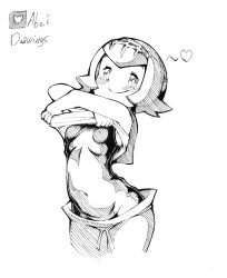 Rule 34 | 1girl, abe&#039;s drawings, absurdres, arched back, arms up, artist name, bare shoulders, blush, bob cut, breasts, closed mouth, clothes lift, covered navel, cowboy shot, creatures (company), crossed arms, female focus, game freak, greyscale, hairband, happy, heart, highres, lana (pokemon), lifted by self, lineart, looking at viewer, monochrome, nintendo, one-piece swimsuit, pants, pokemon, pokemon sm, sailor collar, shiny clothes, shirt, shirt lift, short hair, sidelocks, signature, simple background, sketch, sleeveless, sleeveless shirt, small breasts, smile, solo, split mouth, spoken heart, standing, swimsuit, twitter logo, twitter username, undressing, white background