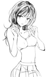 Rule 34 | 1girl, bare arms, bare shoulders, bra, coppelion, frown, greyscale, long hair, midriff, monochrome, naruse ibara, penki, pleated skirt, sketch, skirt, solo, sports bra, underwear