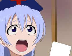 Rule 34 | 1girl, :o, blue eyes, blue hair, close-up, hat, indoors, jet zeta (strawberry flavor), looking up, love live!, love live! school idol project, matching hair/eyes, nurse cap, open mouth, parody, room, solo, sonoda umi, surprised, teeth, tongue, touhou, wide-eyed, yagokoro eirin