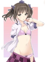 Rule 34 | 1girl, arm up, bow, bra, breasts, brown eyes, brown hair, cl (h-sys.), gradient background, hair ornament, hair ribbon, hat, highres, himekaidou hatate, long hair, looking at viewer, midriff, navel, open clothes, open mouth, open shirt, open skirt, panties, puffy sleeves, ribbon, shirt, short sleeves, simple background, skirt, small breasts, solo, striped bra, striped clothes, striped panties, tokin hat, touhou, twintails, underwear