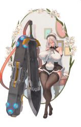 Rule 34 | 1girl, absurdres, black footwear, black thighhighs, breasts, closed mouth, crossed legs, dress, elbow gloves, flower, frills, full body, glasses, gloves, grey hair, highres, holding, holding photo, huge breasts, labiata (last origin), last origin, maid, maid headdress, photo (object), picture frame, plump, ponytail, prototype labiata, red eyes, sleeveless, sleeveless dress, solo, sword, thighhighs, tsunekun, watson cross, weapon, white flower, white gloves, wide hips