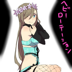 Rule 34 | 00s, bad id, bad pixiv id, blue eyes, bra, brown hair, fishnet thighhighs, fishnets, garter belt, hair over one eye, lingerie, maruishi, solo, tales of (series), tales of the abyss, tear grants, thighhighs, underwear, undressing