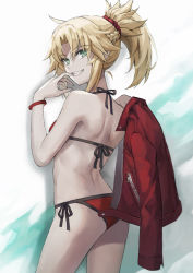 Rule 34 | 1girl, ass, back, bare shoulders, bikini, blonde hair, braid, breasts, fate/grand order, fate (series), french braid, green eyes, grin, hair ornament, hair scrunchie, halterneck, highres, jacket, unworn jacket, jewelry, long hair, looking at viewer, looking back, mordred (fate), mordred (fate) (all), mordred (fate/apocrypha), mordred (swimsuit rider) (fate), mordred (swimsuit rider) (first ascension) (fate), necklace, ponytail, red bikini, red jacket, red scrunchie, scrunchie, side-tie bikini bottom, sidelocks, simple background, small breasts, smile, solo, string bikini, swimsuit, tail, thighs, tonee, tongue, tongue out