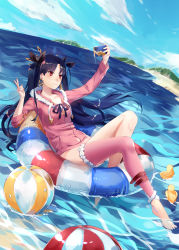 Rule 34 | 1girl, absurdres, ball, beach, beachball, bird, black hair, black ribbon, breasts, cellphone, commentary, crown, day, duck, duckling, earrings, fate (series), fur trim, hair ribbon, highres, holding, holding phone, hoop earrings, innertube, ishtar (fate), jewelry, long hair, long legs, lying, medium breasts, on back, outdoors, parted bangs, phone, red eyes, ribbon, single thighhigh, smartphone, smile, solo, swim ring, thighhighs, two side up, v, yorktown cv-5