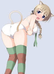 Rule 34 | 1girl, animal ears, ass, blonde hair, blue eyes, blush, bra, braid, breast hold, breasts, covered erect nipples, from behind, lambda (kusowarota), large breasts, leaning forward, lingerie, lynette bishop, multicolored clothes, multicolored legwear, panties, simple background, single braid, strike witches, striped clothes, striped thighhighs, tail, thighhighs, underwear, underwear only, world witches series
