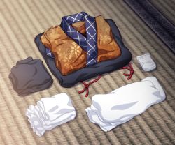 Rule 34 | commentary request, detached sleeves, folded clothes, japanese clothes, kimono, leg warmers, mizuhashi parsee, no humans, ootsuki wataru, still life, tatami, touhou, white sleeves