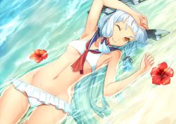 Rule 34 | 10s, 1girl, alternate costume, armpits, bikini, blunt bangs, blush, breasts, dutch angle, female focus, flower, hair ribbon, headgear, hibiscus, kantai collection, long hair, looking at viewer, lying, murakumo (kancolle), navel, one eye closed, partially submerged, red eyes, ribbon, shingo (missing link), short eyebrows, silver hair, small breasts, smile, solo, swimsuit, underboob, water, wet, wink
