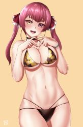 Rule 34 | 1girl, :d, bikini, blush, bracelet, breasts, choker, cleavage, cosplay, finalcake, finger heart, floral print, heterochromia, highres, hololive, houshou marine, jewelry, kitagawa marin, kitagawa marin (cosplay), large breasts, looking at viewer, navel, open mouth, purple hair, simple background, smile, solo, sono bisque doll wa koi wo suru, swimsuit, twintails, virtual youtuber, yellow background, yellow eyes