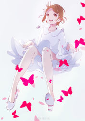 Rule 34 | 1girl, brown hair, bug, butterfly, commentary request, digimon, dress, insect, looking at viewer, short hair, simple background, smile, solo, teeth, upper teeth only, white background, yagami hikari, zdl xiaobai