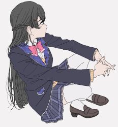 Rule 34 | 1girl, black eyes, black footwear, black hair, blazer, blue jacket, blue skirt, bow, bowtie, braid, brown sweater, collared shirt, commentary request, dress shirt, french braid, frilled skirt, frills, full body, grey background, hair ornament, hairclip, half updo, highres, jacket, kamatama rom, loafers, long hair, long sleeves, nijisanji, own hands together, pink bow, pink bowtie, plaid, plaid skirt, school uniform, shirt, shoes, simple background, skirt, solo, squatting, sweater, thighhighs, tsukino mito, tsukino mito (1st costume), virtual youtuber, white shirt, white thighhighs