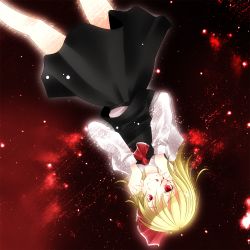 Rule 34 | 1girl, :q, ascot, bad id, bad pixiv id, blonde hair, blood, embodiment of scarlet devil, female focus, highres, looking at viewer, red hair, ribbon, rumia, short hair, skirt, solo, tongue, tongue out, touhou, tsukishiro saika, upside-down