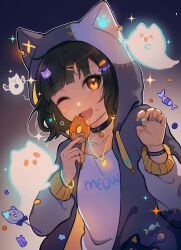 Rule 34 | 1girl, absurdres, animal ears, animal hood, black choker, black hair, bracelet, braid, candy, cat ears, cat hood, chinese commentary, choker, commentary request, denonbu, doughnut, fake animal ears, fang, food, ghost, glowing, grey jacket, hair ornament, hairpin, hands up, highres, holding, holding food, hood, hood up, hooded jacket, jacket, jewelry, kurogane tama, lollipop, long sleeves, looking at viewer, maomaomao (yukoyort), multicolored nails, nail polish, necklace, one eye closed, open clothes, open jacket, open mouth, outline, ring, short hair, side braid, smile, solo, sparkle, upper body, white outline, yellow eyes