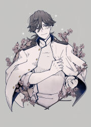 Rule 34 | + +, 1boy, absurdres, branch, buttons, cherry blossoms, cropped torso, fate/grand order, fate (series), flower, grey background, hair between eyes, highres, holding, holding branch, jacket, jacket on shoulders, long hair, looking at viewer, low ponytail, male focus, partially colored, pink flower, sakamoto ryouma (fate), shirt, simple background, smile, solo, sparkle, two-sided fabric, yuki510