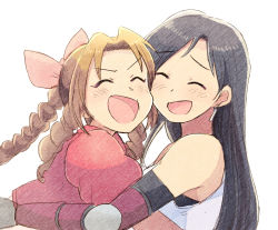 Rule 34 | 2girls, aerith gainsborough, black hair, bracer, braid, braided ponytail, brown hair, cheek-to-cheek, closed eyes, colored pencil (medium), commentary request, cropped jacket, drill hair, drill sidelocks, earrings, elbow pads, final fantasy, final fantasy vii, hair ribbon, heads together, hug, jacket, jewelry, laughing, long hair, multiple girls, open mouth, parted bangs, pink ribbon, puffy short sleeves, puffy sleeves, red jacket, ribbon, shirt, short sleeves, sidelocks, simple background, single braid, smile, square enix, straight hair, swept bangs, tifa lockhart, traditional media, tsubobot, white background, white shirt, yuri