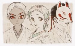 Rule 34 | 3boys, aged down, androgynous, blush, character name, child, closed mouth, covered eyes, dark-skinned male, dark skin, earrings, extra eyes, eyeliner, fox mask, frown, green hair, haori, haori himo, insect wings, japanese clothes, jewelry, kimono, labret piercing, looking at viewer, makeup, male focus, mame (mmgamegg), mask, medium hair, multiple boys, original, partially colored, portrait, red eyes, short hair, simple background, smile, wing earrings, wings