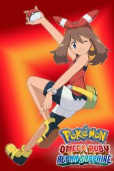 Rule 34 | 1girl, artist name, bag, bare shoulders, bike shorts, black shorts, bow, brown hair, child, collarbone, copyright name, creatures (company), female focus, fingernails, from side, full body, game freak, gen 3 pokemon, gen 6 pokemon, grey eyes, hair bow, hair ornament, hair ribbon, happy, highres, holding, leg up, legs, logo, looking at viewer, may (pokemon), may (pokemon oras), medium hair, neck, nintendo, novanoah, one eye closed, pointing, pointing down, poke ball, pokemon, pokemon oras, red background, red bow, red ribbon, red shirt, ribbon, shirt, shoes, short ponytail, short shorts, shorts, sleeveless, sleeveless shirt, smile, sneakers, solo, wink, wristband, yellow footwear