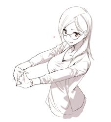 Rule 34 | 1girl, :q, glasses, heart, monochrome, original, own hands clasped, own hands together, sasamori tomoe, simple background, solo, stretching, tongue, tongue out, white background