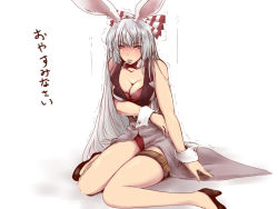 Rule 34 | 1girl, alternate costume, animal ears, bare shoulders, bow, bowtie, breast hold, breasts, cigarette, cleavage, detached collar, fake animal ears, fujiwara no mokou, hair bow, high heels, leotard, long hair, looking at viewer, medium breasts, playboy bunny, rabbit ears, red bow, red bowtie, red leotard, silver hair, sitting, sleeveless, solo, thigh strap, tobisawa, touhou, translated, trembling, very long hair, wariza, white bow, wrist cuffs, yellow eyes