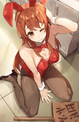 Rule 34 | 1girl, animal ears, asahina mikuru, black footwear, bow, bowtie, breasts, brown pantyhose, cleavage, closed mouth, collarbone, commentary request, detached collar, fake animal ears, hand on own head, high heels, highres, large breasts, leotard, long hair, nasubin (nasubisamurai15), official alternate costume, one eye closed, orange eyes, orange hair, pantyhose, playboy bunny, rabbit ears, red bow, red bowtie, red leotard, sign, sitting, solo, suzumiya haruhi no yuuutsu, white wrist cuffs, wrist cuffs