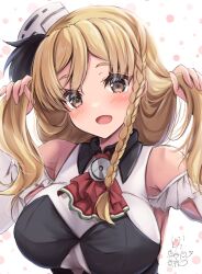 Rule 34 | 1girl, absurdres, artist name, ascot, blonde hair, blush, braid, breasts, dated, french braid, hat, highres, holding, holding hair, kantai collection, large breasts, long hair, looking at viewer, mashiro yukiya, mini hat, one-hour drawing challenge, open mouth, red ascot, shirt, signature, single braid, smile, solo, upper body, white hat, white shirt, yellow eyes, zara (kancolle)