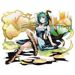 Rule 34 | 10s, 1girl, aqua eyes, aqua hair, arm up, breasts, claude (divine gate), cleavage, collarbone, divine gate, dress, full body, headdress, heterochromia, holding, long hair, looking at viewer, medium breasts, official art, sitting, sleeveless, sleeveless dress, solo, transparent background, ucmm, yellow eyes