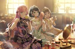 3girls :d ;) anyoji_hime anyoji_hime_(kaikou_no_butoukai) applying_makeup bare_shoulders bird bird_on_hand black_bow black_gloves boots bottle bow breasts briefcase chick closed_mouth dress elbow_gloves footwear_bow frilled_dress frilled_gloves frills game_cg gloves gold_tiara halter_dress halterneck hand_mirror highres holding holding_makeup_palette holding_mirror in-universe_location indoors kachimachi_kosuzu kachimachi_kosuzu_(tankyuu_no_butoukai) large_breasts link!_like!_love_live! looking_at_viewer love_live! makeup medium_breasts medium_dress mirror momose_ginko momose_ginko_(kiseki_no_butoukai_(104th)) multiple_girls official_alternate_costume official_art one_eye_closed open_mouth over-kneehighs parted_lips perfume_bottle puffy_short_sleeves puffy_sleeves purple_boots purple_dress purple_tiara school_briefcase selfie selfie_stick short_sleeves silver_tiara sitting sleeveless sleeveless_dress smile table thigh_boots thighhighs third-party_source tiara virtual_youtuber white_dress window yellow_dress yellow_gloves