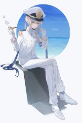 Rule 34 | absurdres, aqua eyes, blonde hair, blue hair, captain nemo (fate), crossed arms, fate/grand order, fate (series), full body, gloves, gradient hair, hat, highres, holding, holding mustache, holding smoking pipe, jacket, long hair, long sleeves, looking at viewer, male focus, military, military uniform, multicolored hair, nemo (fate), pants, peaked cap, sherry 0014, sitting, smoking pipe, solo, twintails, twitter username, uniform, very long hair, white footwear, white gloves, white hat, white jacket, white pants