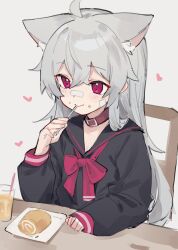 Rule 34 | 1girl, absurdres, animal collar, animal ears, bandaid, bandaid on cheek, bandaid on face, black sweater, bow, bowtie, cake, chair, collar, cup, drink, drinking straw, eating, extra ears, fenrir (fenriluuu), food, food on face, fork, grey background, grey hair, happy, heart, highres, holding, holding fork, juice, light blush, long hair, long sleeves, original, plate, red bow, red bowtie, red collar, red eyes, rir-chan, simple background, sitting, sketch, smile, solo, sweater, swiss roll, table, upper body, utensil in mouth, wolf ears, wolf girl