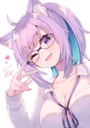 Rule 34 | 1girl, ;d, adjusting eyewear, ahoge, animal ear fluff, animal ears, blue hair, blush, breasts, cat ears, cat girl, cleavage, collarbone, collared shirt, colored inner hair, commentary request, dated, dutch angle, fang, glasses, hand up, highres, hikawa shou, hololive, large breasts, long hair, long sleeves, looking at viewer, multicolored hair, nekomata okayu, nekomata okayu (oversized shirt), official alternate costume, one eye closed, open mouth, purple eyes, purple hair, purple ribbon, ribbon, shirt, signature, simple background, smile, solo, virtual youtuber, white background, white shirt