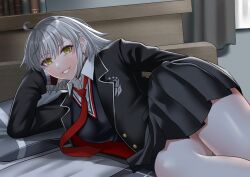 Rule 34 | 1girl, absurdres, ahoge, blush, breasts, fate/grand order, fate (series), grey hair, grin, highres, jeanne d&#039;arc alter (avenger) (fate), jeanne d&#039;arc alter (fate), large breasts, long sleeves, looking at viewer, looking back, lying, on side, school uniform, short hair, skirt, smile, solo, tomotomow00w, yellow eyes