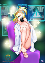 Rule 34 | 1boy, 1girl, artist name, barefoot, blonde hair, blue eyes, breasts, cleavage, coffee mug, collarbone, copyright name, covered mouth, cup, drinking, emblem, eungughwa, eyebrows, feet, fingernails, halo, hand on foot, hand up, hands on feet, headgear, highres, holding, holding cup, holographic interface, large breasts, logo, long fingernails, long toenails, looking at viewer, mask, mechanical halo, mercy (overwatch), mug, naked shirt, open clothes, open shirt, overwatch, overwatch 1, ponytail, shirt, sitting, soldier: 76 (overwatch), solo, toenails, toes, visor, x-ray film
