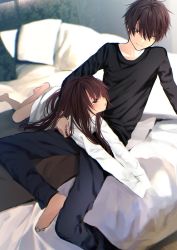 Rule 34 | 1boy, 1girl, barefoot, bed, blush, brother and sister, brown hair, child, highres, honnryou hanaru, long hair, lying, on bed, on lap, on stomach, open mouth, original, oversized clothes, siblings, sitting, sleeves past fingers, sleeves past wrists