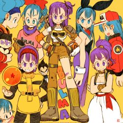Rule 34 | afro, andrewcockroach, animal ears, asymmetrical pants, baby, bandaid, bandaid on face, black hair, blue hair, boots, bracer, breasts, bulma, character name, cleavage, crossed arms, dragon ball, dragon ball (classic), dragonball z, fake animal ears, goggles, goggles around neck, hairband, hands on own hips, hat, highres, jacket, leotard, mother and son, multiple persona, pantyhose, playboy bunny, purple hair, rabbit ears, rabbit tail, smile, sparkling eyes, trunks (dragon ball), vegeta, yellow background