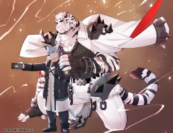 Rule 34 | 2boys, animal ears, arknights, bandaged hand, bandages, bara, black tank top, blue fur, bulge, chain, chain necklace, coat, coat on shoulders, commission, dog boy, dog ears, dog tail, fictional persona, furry, furry male, giant, giant male, hand on another&#039;s shoulder, holding, holding phone, jewelry, large pectorals, luwei, male focus, mountain (arknights), multiple boys, muscular, muscular male, necklace, on one knee, original, paid reward available, pants, pectoral cleavage, pectorals, phone, scar, scar across eye, scar on arm, scar on face, short hair, size difference, tail, tank top, tiger boy, tiger ears, white fur, white hair, white pants