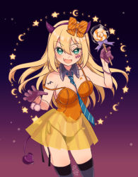 Rule 34 | 1girl, animal print, aqua eyes, artist name, bat print, between breasts, black collar, black gloves, black panties, black thighhighs, blonde hair, blue necktie, bow, bracelet, breast tattoo, breasts, candy, chiru, claw pose, collar, commentary, crescent, dated, demon horns, demon tail, detached collar, diagonal-striped clothes, diagonal-striped necktie, diagonal-striped neckwear, dress, facial tattoo, fake horns, fake tail, fangs, food, gloves, gradient background, hair bow, hairband, halloween costume, holding, holding candy, holding food, holding lollipop, horns, jewelry, lollipop, looking at viewer, medium breasts, necktie, oohoshi awai, open mouth, orange bow, orange dress, panties, purple background, purple hairband, saki (manga), see-through, shoulder tattoo, side-tie panties, signature, smile, solo, spaghetti strap, standing, star (symbol), striped clothes, striped necktie, striped neckwear, striped thighhighs, tail, tattoo, thighhighs, underwear