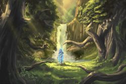 Rule 34 | day, forest, glowing, glowing sword, glowing weapon, glv, light rays, master sword, nature, nintendo, no humans, planted sword, planted, scenery, sword, the legend of zelda, tree, water, waterfall, weapon