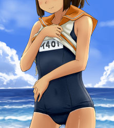 Rule 34 | 10s, 1girl, brown hair, clothes lift, clothes writing, emonyu, head out of frame, i-401 (kancolle), kantai collection, name tag, one-piece swimsuit, ponytail, sailor collar, school swimsuit, school uniform, serafuku, shirt lift, short ponytail, smile, solo, swimsuit, swimsuit under clothes, tan, tanline