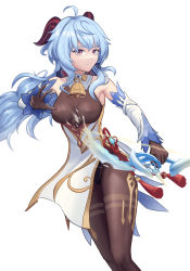 Rule 34 | 1girl, absurdres, armpits, bell, blue hair, bow (weapon), breasts, brown gloves, brown pantyhose, chinese clothes, closed mouth, ganyu (genshin impact), genshin impact, gloves, goat horns, highres, holding, holding bow (weapon), holding weapon, horns, long hair, looking at viewer, medium breasts, neck bell, pantyhose, purple eyes, shiftillust, shirt, simple background, solo, weapon, white background, white shirt, white sleeves