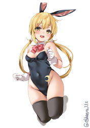 Rule 34 | 1girl, alternate costume, animal ears, bare shoulders, black thighhighs, blonde hair, bow, bowtie, cropped legs, ebifurya, fake animal ears, gloves, hair between eyes, half gloves, highres, kantai collection, leotard, moon (ornament), one-hour drawing challenge, playboy bunny, red bow, red bowtie, satsuki (kancolle), simple background, solo, thighhighs, twintails, twitter username, white background, yellow eyes
