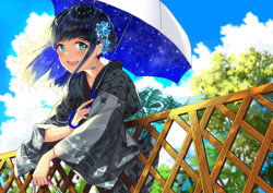Rule 34 | 1girl, :d, black hair, blue sky, blurry, blurry background, blush, braid, cloud, cloudy sky, commentary request, crescent, crescent earrings, day, depth of field, earrings, fence, fingernails, green eyes, grey kimono, hair ornament, holding, holding umbrella, japanese clothes, jewelry, kimono, long hair, long sleeves, looking at viewer, miyabi akino, open mouth, original, outdoors, round teeth, sidelocks, sky, smile, solo, teeth, tree, umbrella, upper teeth only, white umbrella, wide sleeves, yukata