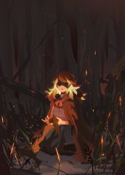Rule 34 | 1girl, alternate costume, cape, cloak, earrings, embers, feather earrings, feathers, fire, forest, glowing, highres, hololive, hololive english, hood, hood down, hooded cloak, jawli, jewelry, kneeling, long hair, looking at viewer, nature, open mouth, orange hair, shaded face, solo, takanashi kiara, virtual youtuber
